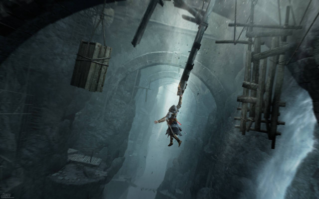 Suspended person tunnel ruins suit free wallpaper for desktop - medium preview image