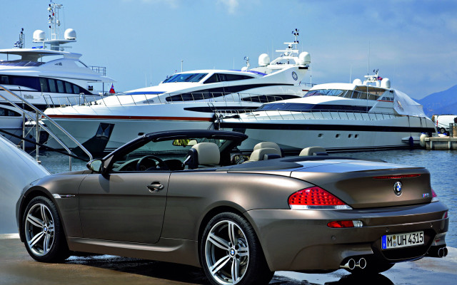 Silver convertible car harbor boats free wallpaper for desktop - medium preview image