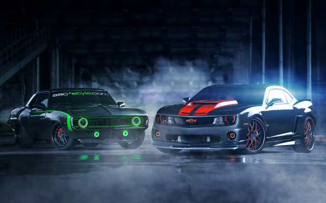 Two cars green lights dark free wallpaper for desktop - medium preview image