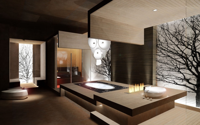 Bathroom large tub tree lights free wallpaper for desktop - medium preview image