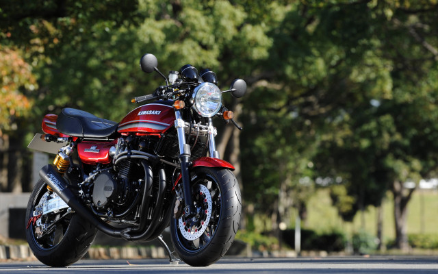 Red motorcycle road trees bench free wallpaper for desktop - medium preview image