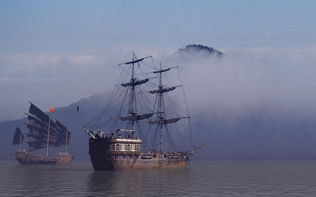 Large boat ocean mountain sunset free wallpaper for desktop - medium preview image