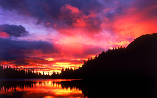 Sunset mountain trees lake purple free wallpaper for desktop - medium preview image
