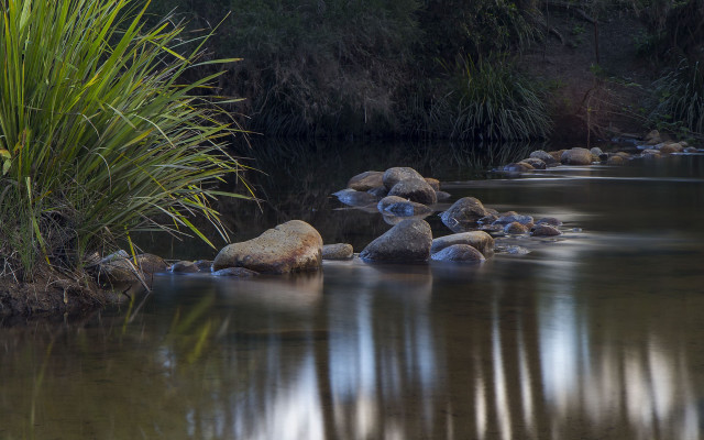 River rocks grass reflection clouds free wallpaper for desktop - medium preview image