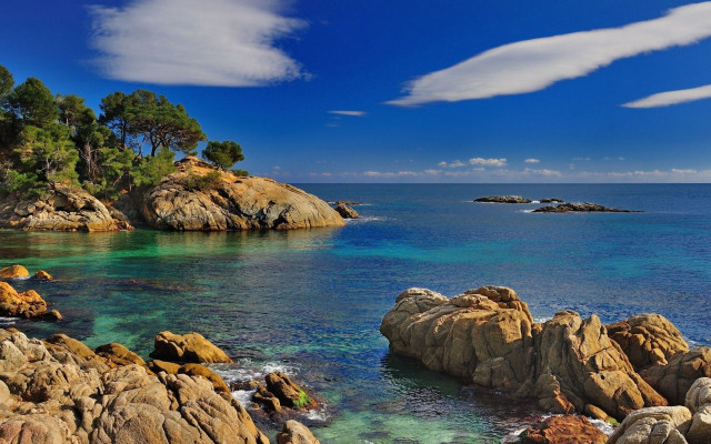 Rocky shore blue water trees #2 free wallpaper for desktop - medium preview image