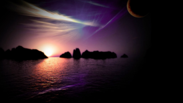 Sunset moon rocks water distant free wallpaper for desktop - medium preview image