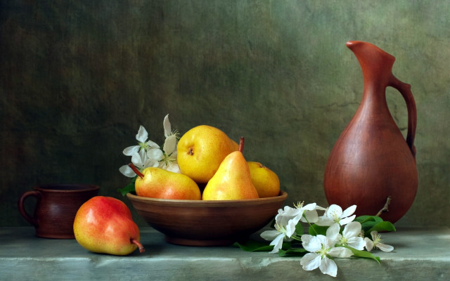 Bowl of fruit vase flowers free wallpaper for desktop - medium preview image