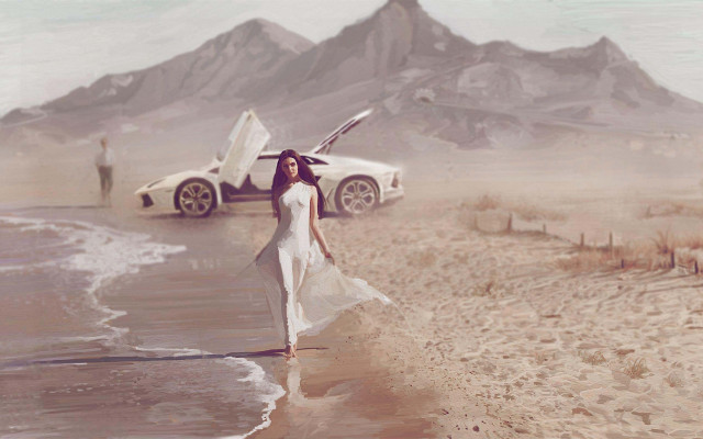 Woman beach car figurative matte free wallpaper for desktop - medium preview image