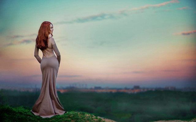 Woman dress hill sky city free wallpaper for desktop - medium preview image