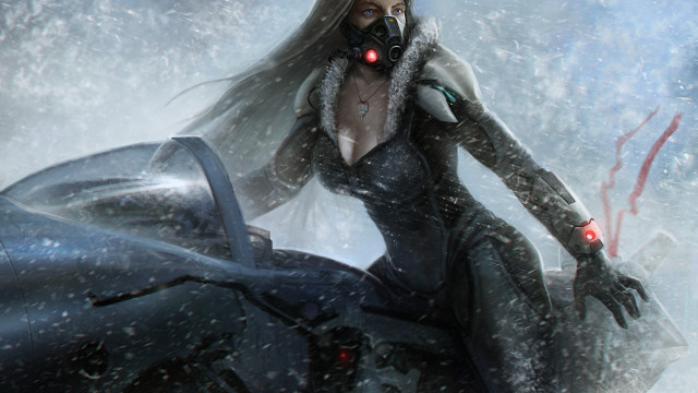 Woman gasmask motorcycle snow cyberpunk free wallpaper for desktop - medium preview image