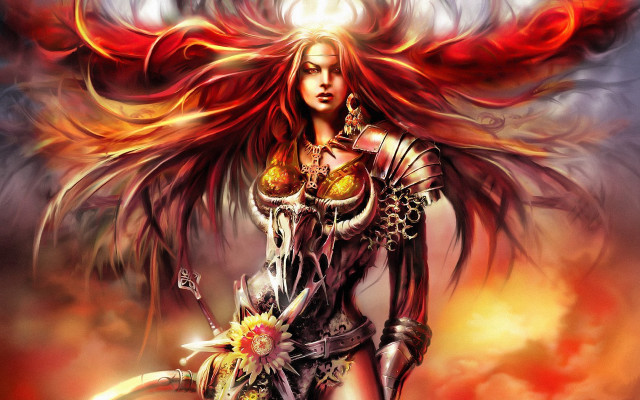 Fiery red haired woman sword free wallpaper for desktop - medium preview image