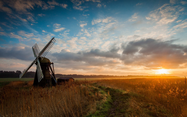 Windmill field sunset clouds path free wallpaper for desktop - medium preview image