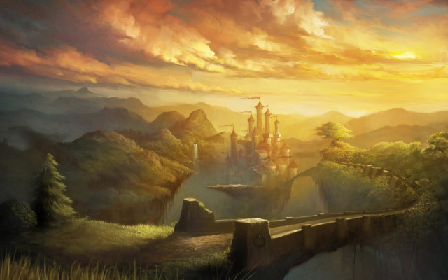 Castle mountain range sunset bridge free wallpaper for desktop - medium preview image