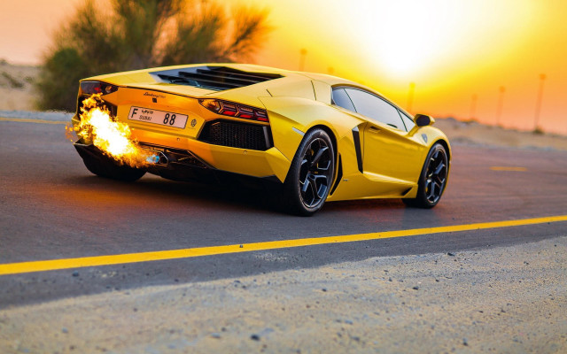 Yellow flames sports car sunset free wallpaper for desktop - medium preview image