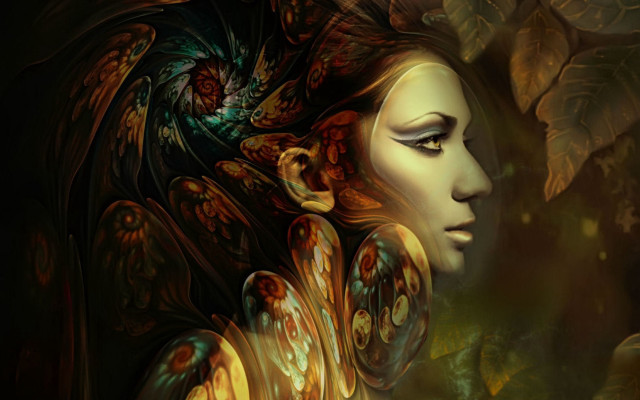 Woman strange face leaves butterfly free wallpaper for desktop - medium preview image