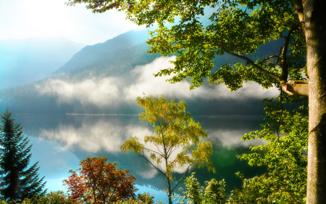 Lake trees clouds mountain autumn free wallpaper for desktop - medium preview image