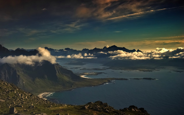 Mountain range lake city sunset free wallpaper for desktop - medium preview image