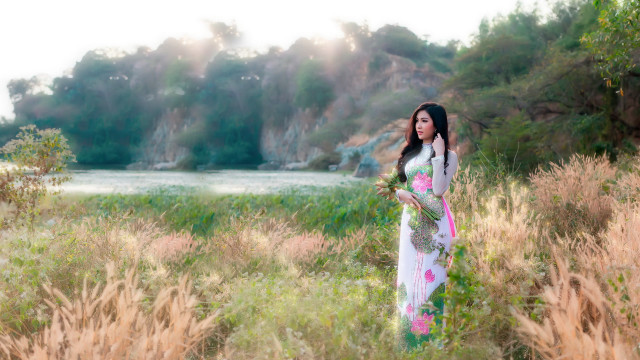 Woman dress field lake trees free wallpaper for desktop - medium preview image