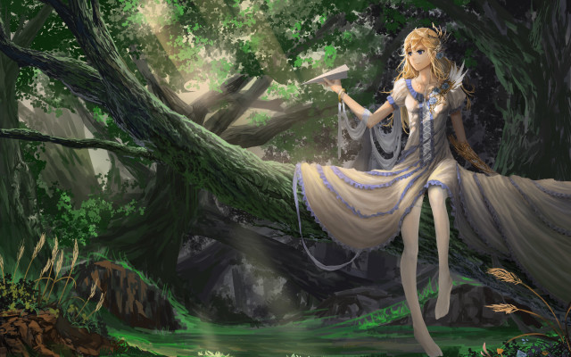 Woman dress sword forest blonde free wallpaper for desktop - medium preview image