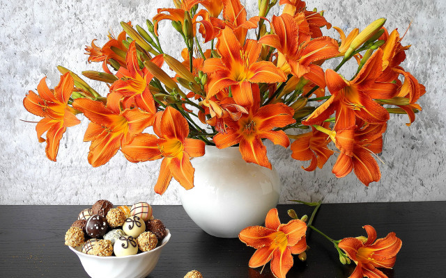 Orange flower bowl chocolates marble free wallpaper for desktop - medium preview image