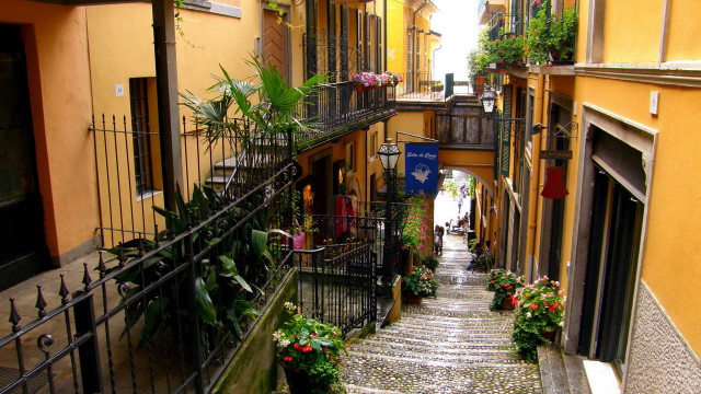 Narrow alleyway flowerpots magicrealism florenceenglebach free wallpaper for desktop - medium preview image