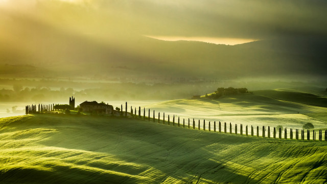 Green fence house sunbeam foggy free wallpaper for desktop - medium preview image