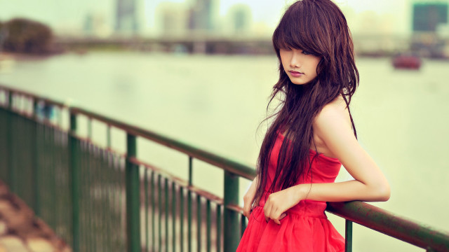 Red dress fence water city free wallpaper for desktop - medium preview image