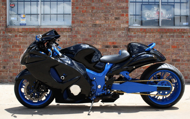 Blue black motorcycle brick building free wallpaper for desktop - medium preview image