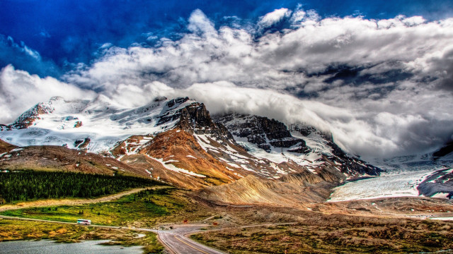 Mountain road clouds river beach free wallpaper for desktop - medium preview image