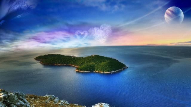 Island planet rainbow sky matte free wallpaper for desktop - medium preview image