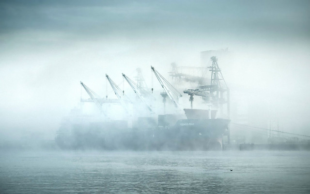 Large ship fog cranes matte free wallpaper for desktop - medium preview image