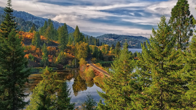 Train forest lake mountains clouds free wallpaper for desktop - medium preview image