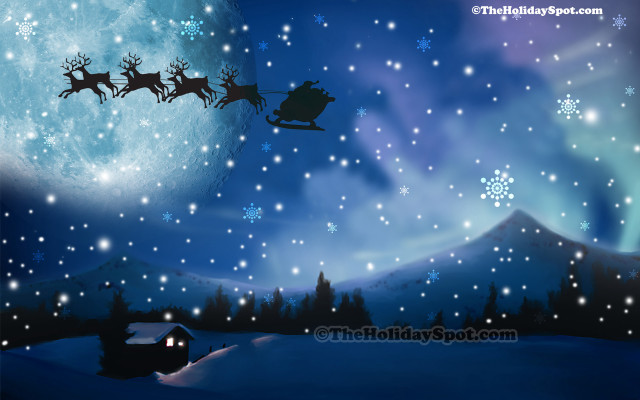 Santa sleigh flying snowy landscape free wallpaper for desktop - medium preview image