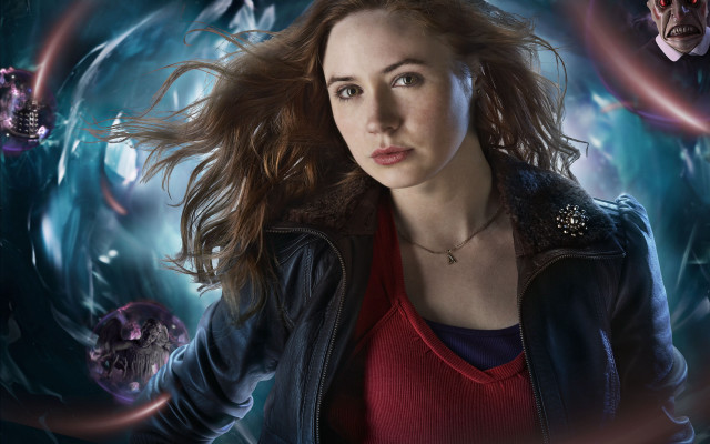 Woman red shirt blue background free wallpaper for desktop - medium preview image