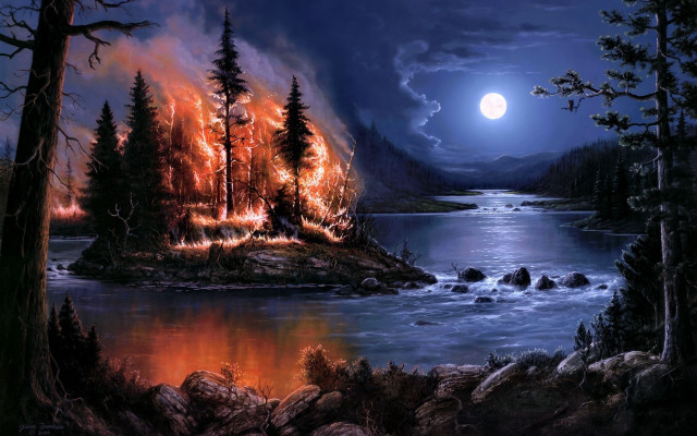 Lake forest fullmoon fire night free wallpaper for desktop - medium preview image