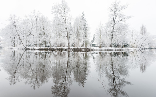 Winter snow forest lake houses free wallpaper for desktop - medium preview image