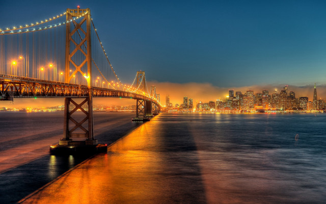 Bridge city night lights water free wallpaper for desktop - medium preview image