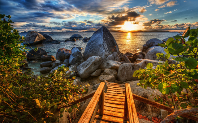 Wooden staircase beach sunset rocky free wallpaper for desktop - medium preview image