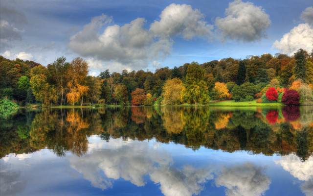 Lake trees clouds reflections impressionism free wallpaper for desktop - medium preview image
