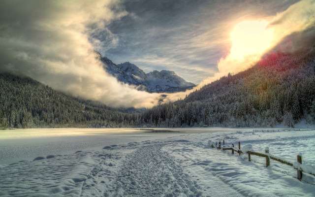 Snowy landscape mountain lake fence free wallpaper for desktop - medium preview image