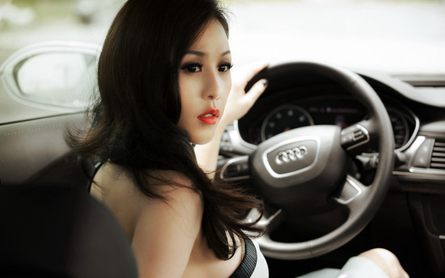 Woman car red lips art free wallpaper for desktop - medium preview image