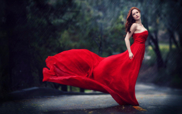 Red dress rain walking forest free wallpaper for desktop - medium preview image