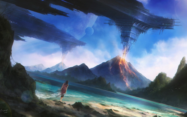 Beach man alien ship mountain free wallpaper for desktop - medium preview image