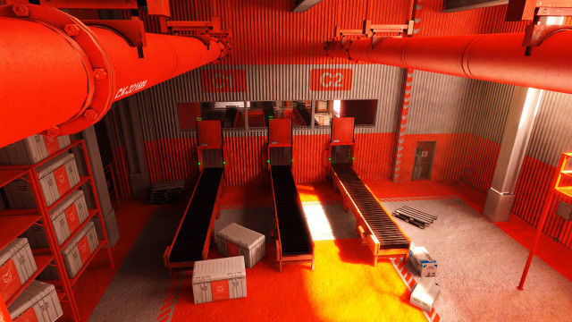 Warehouse conveyor orange walls red free wallpaper for desktop - medium preview image