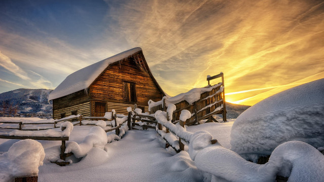 Cabin mountain snowy sunset fence free wallpaper for desktop - medium preview image