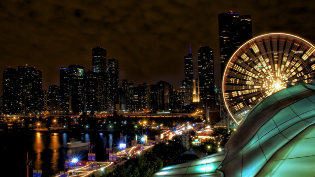 Ferris wheel city night river free wallpaper for desktop - medium preview image