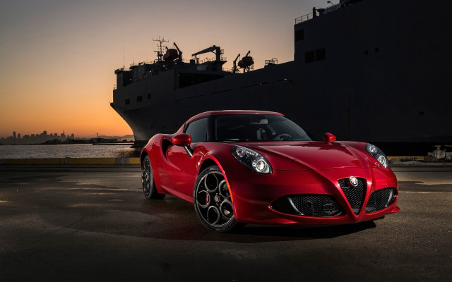Red sports car ship sunset free wallpaper for desktop - medium preview image