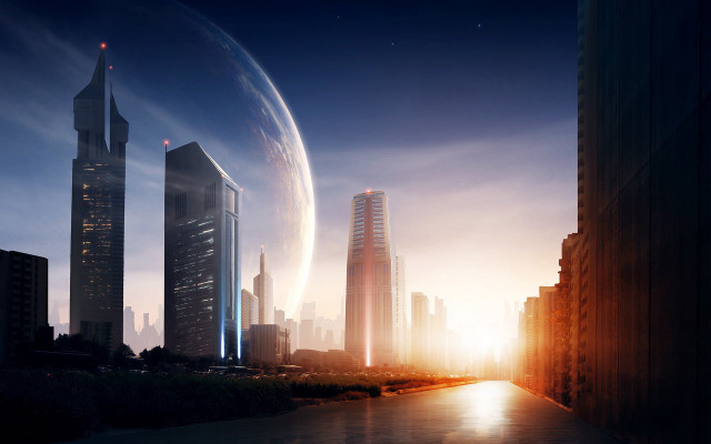 Futuristic city skyscrapers ring sunset free wallpaper for desktop - medium preview image
