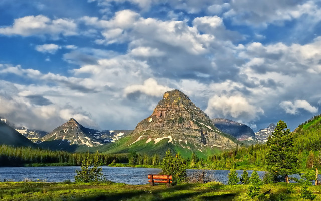 Scenic mountain lake bench nature free wallpaper for desktop - medium preview image