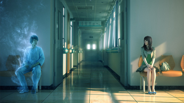Woman sitting hallway ghost suit free wallpaper for desktop - medium preview image